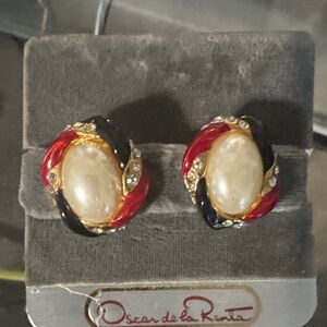 Oscar de la Renta Vintage Red and Black Oval Earrings Pre Owned
